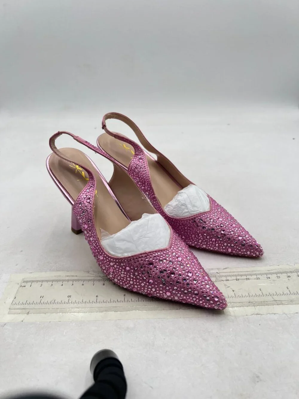 XYD Pink Sparkly Rhinestones Slingback Sandals Pointy Toe Pull On High Heel Pump